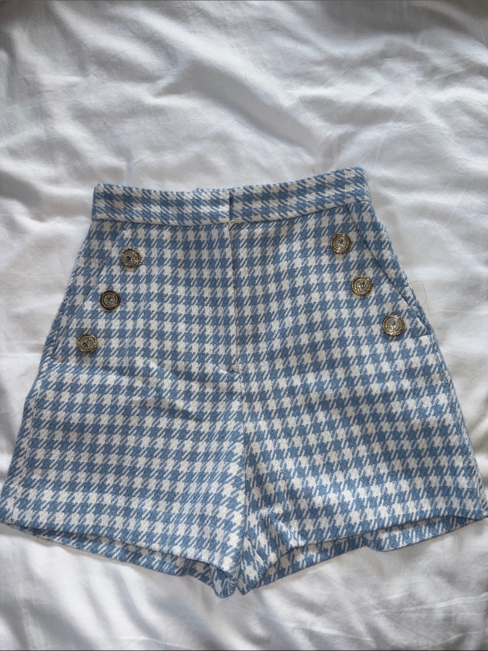 Light Blue Houndstooth High-Waist Women’s Shorts